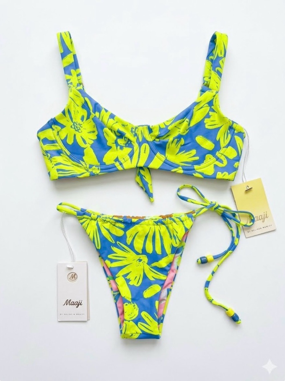 NWT Maaji Reversible Blue & Neon Yellow Floral Tie-Side Bikini Set Large
